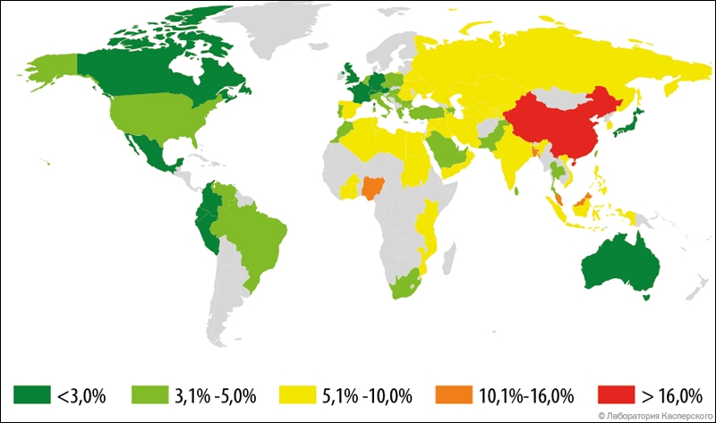 Карта попыток заражений мобильными зловредами во втором квартале 2015 года (процент атакованных пользователей в стране)