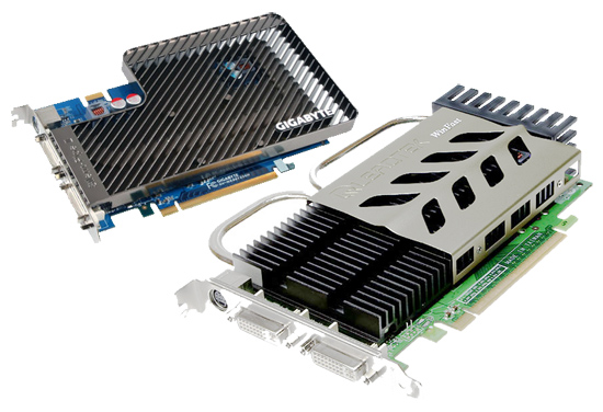 Видеокарты на базе nVidia GeForce 8600 GT производства Gigabyte (слева) и Leadtek (справа) с системами пассивного охлаждения