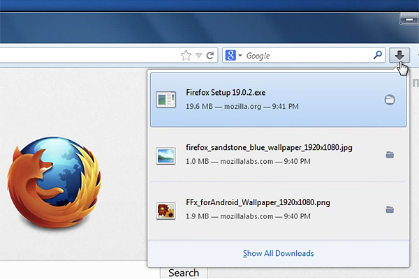 Кнопка менеджера загрузок в Firefox