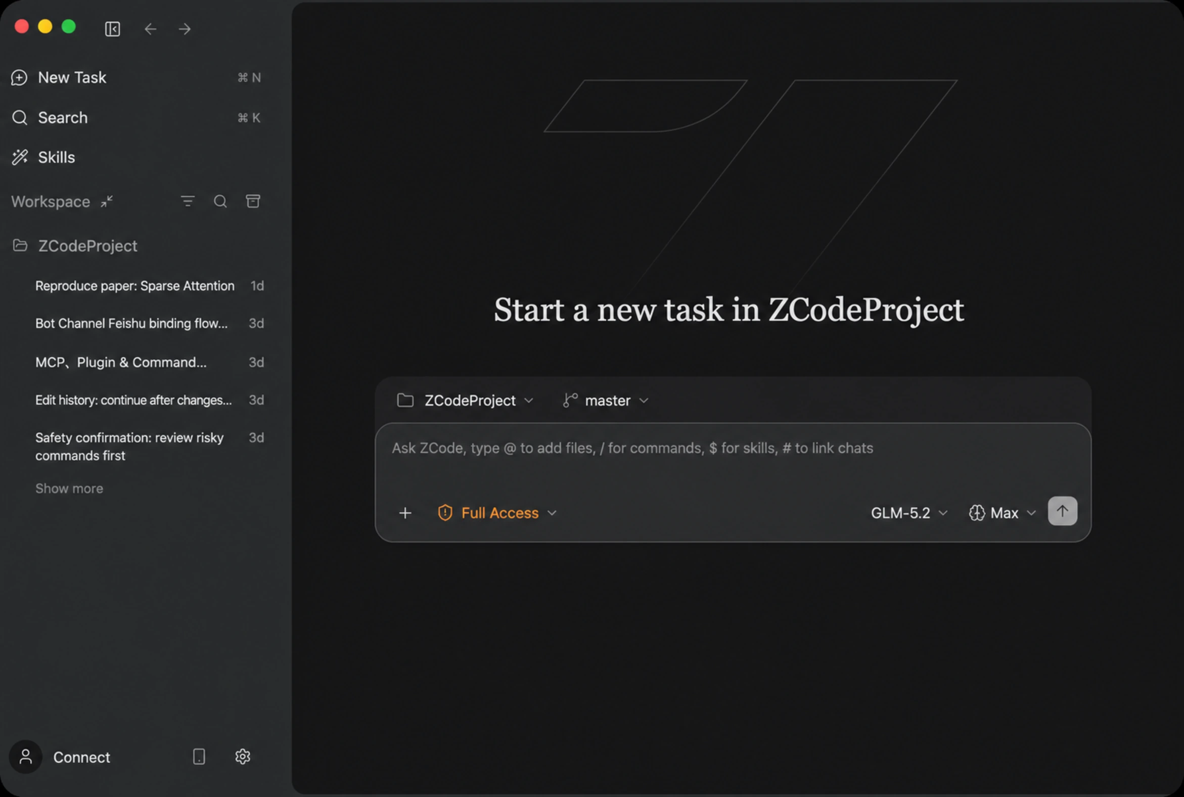 Интерфейс ZCode с выбором GLM-5.2