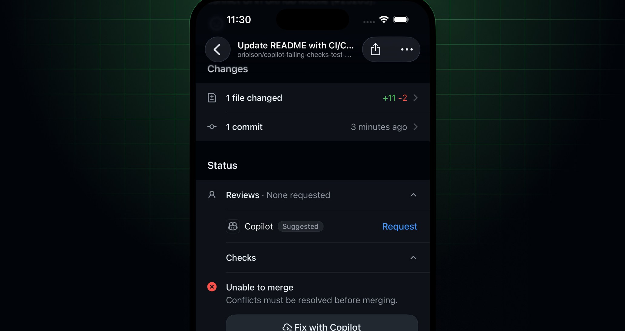Экран GitHub Mobile с кнопкой Fix with Copilot для pull request с конфликтом слияния