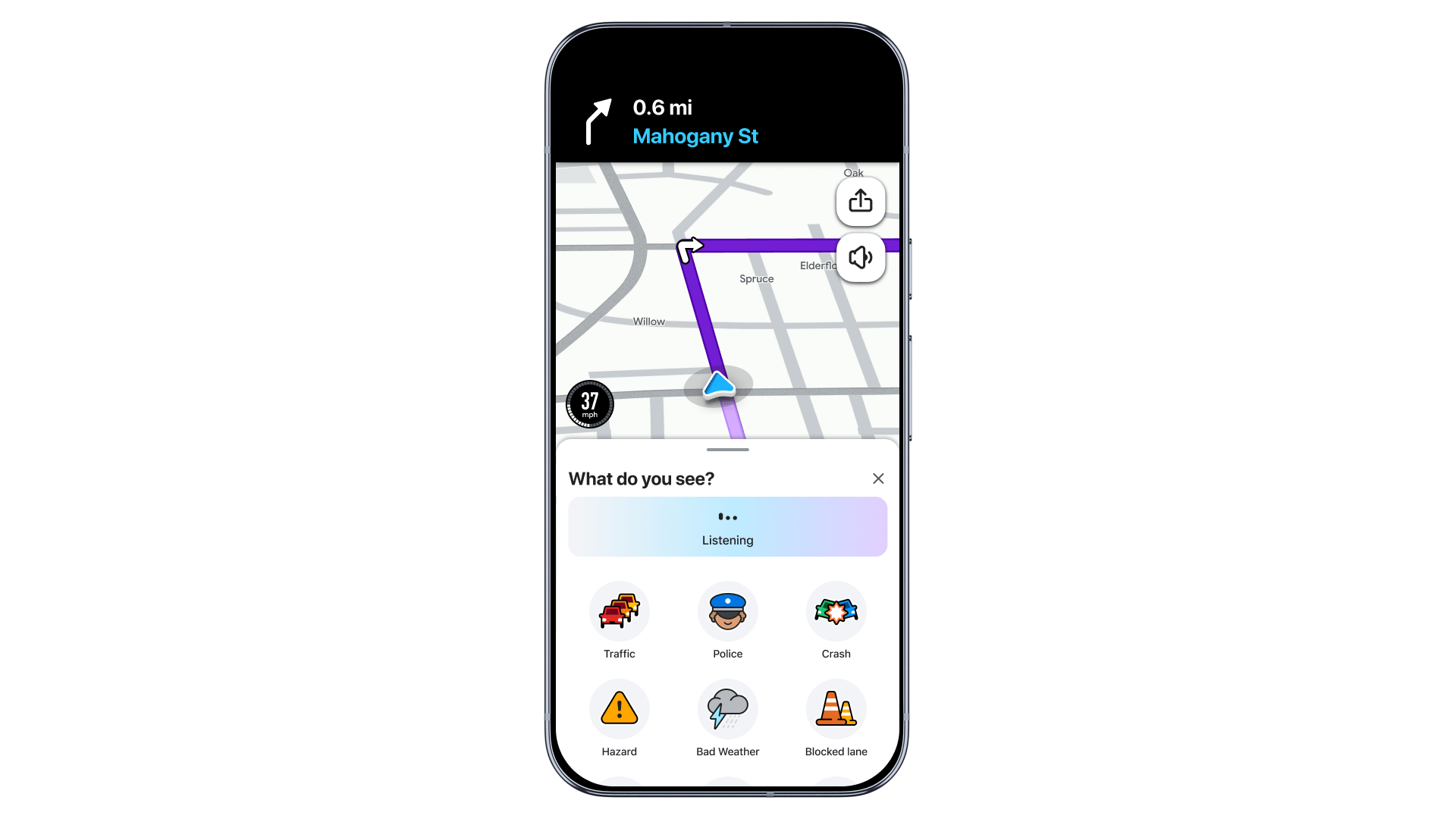 Интерфейс голосового сообщения о дорожной ситуации в Waze