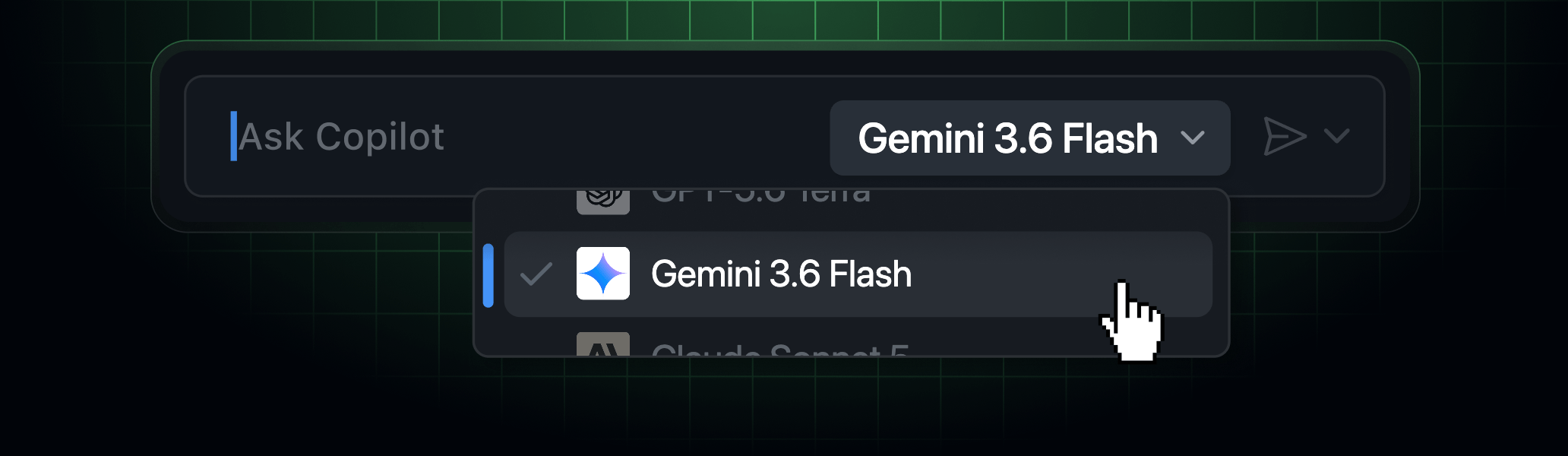 Выбор Gemini 3.6 Flash в меню моделей GitHub Copilot