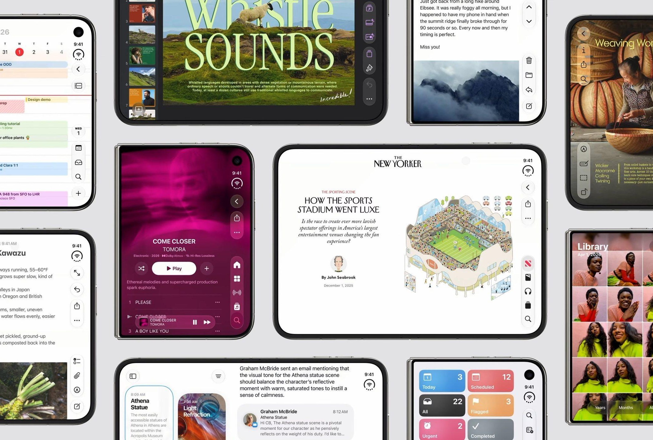 Интерфейс приложений iOS 27 на экранах iPhone Duo
