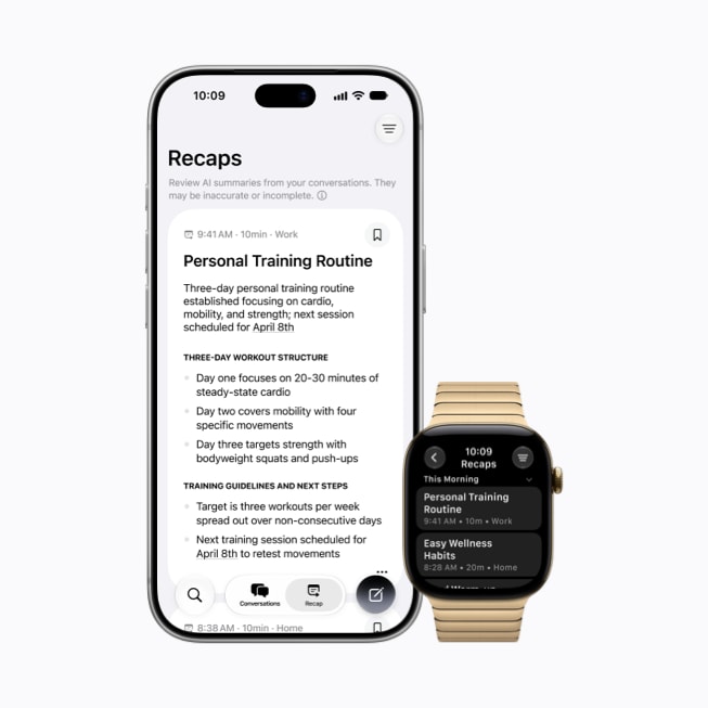 Интерфейс Siri Recap на Apple Watch Series 12 и iPhone