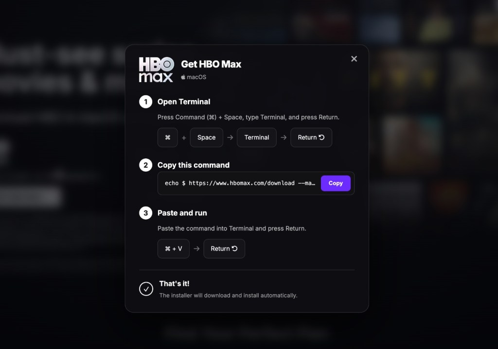 Поддельная инструкция HBO Max, предлагающая выполнить команду в Terminal на macOS