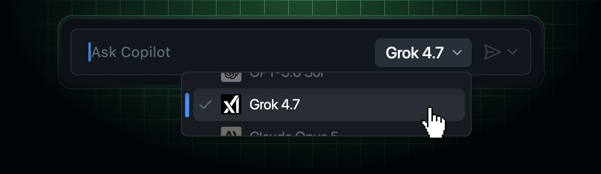 Выбор модели Grok 4.7 в GitHub Copilot