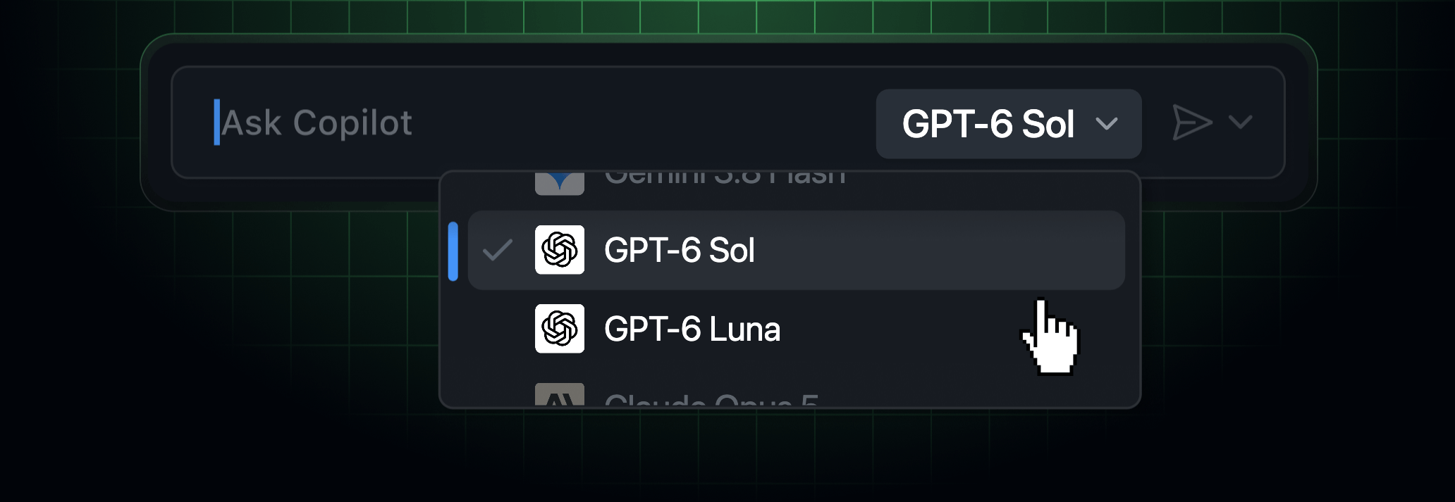 Выбор моделей GPT-6 Sol и GPT-6 Luna в интерфейсе GitHub Copilot