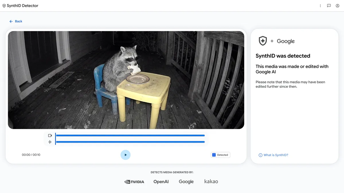 Интерфейс SynthID Detector с результатом проверки видео